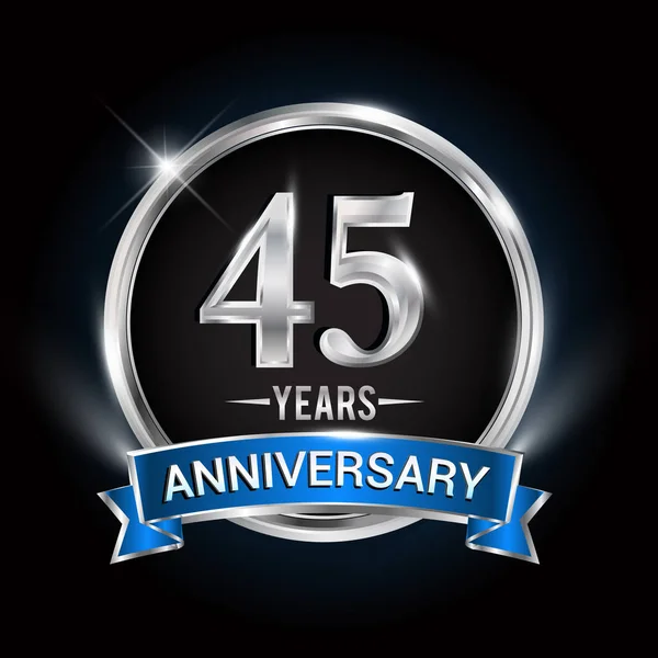 Logo Anniversario Anni Con Anello Argento Nastro Blu Design Vettoriale — Vettoriale Stock