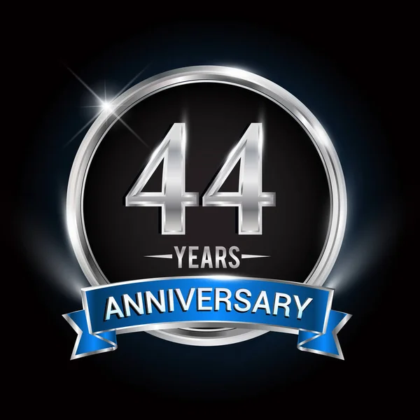 Años Logotipo Aniversario Con Anillo Plata Cinta Azul Diseño Vectorial — Vector de stock