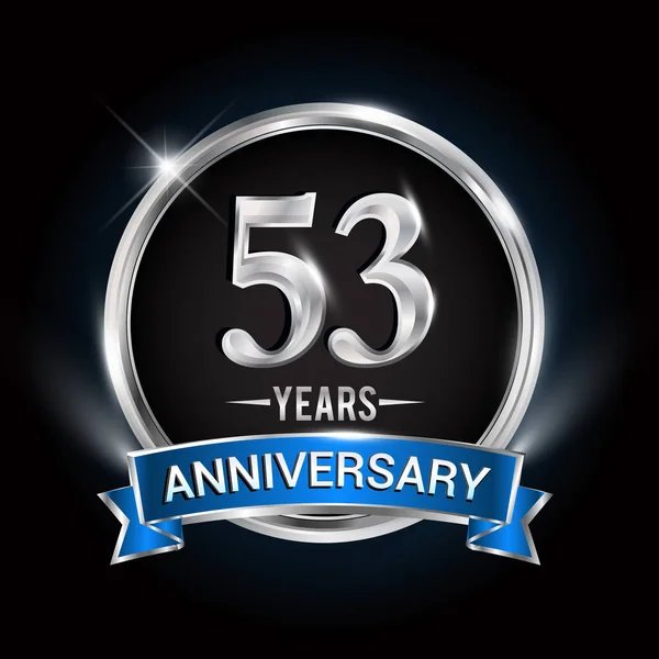 Anos Logotipo Aniversário Com Anel Prata Fita Azul Projeto Vetor — Vetor de Stock