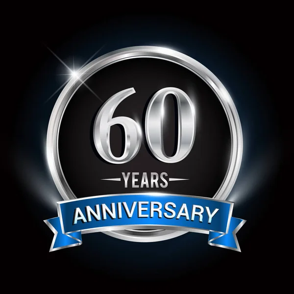 Anos Logotipo Aniversário Com Anel Prata Fita Azul Design Vector — Vetor de Stock