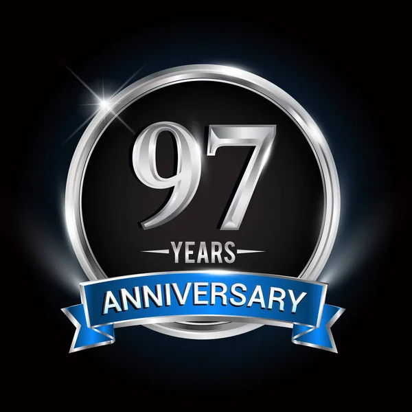 Logo Aniversario Años Con Anillo Plata Cinta Azul Diseño Vectorial — Archivo Imágenes Vectoriales