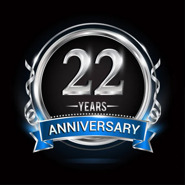 Years Anniversary Logo Silver Ring Blue Ribbon Vector Illustration Black — Stock Vector