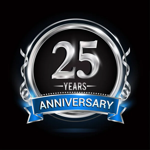 Years Anniversary Logo Silver Ring Blue Ribbon Vector Illustration Black — Stock Vector