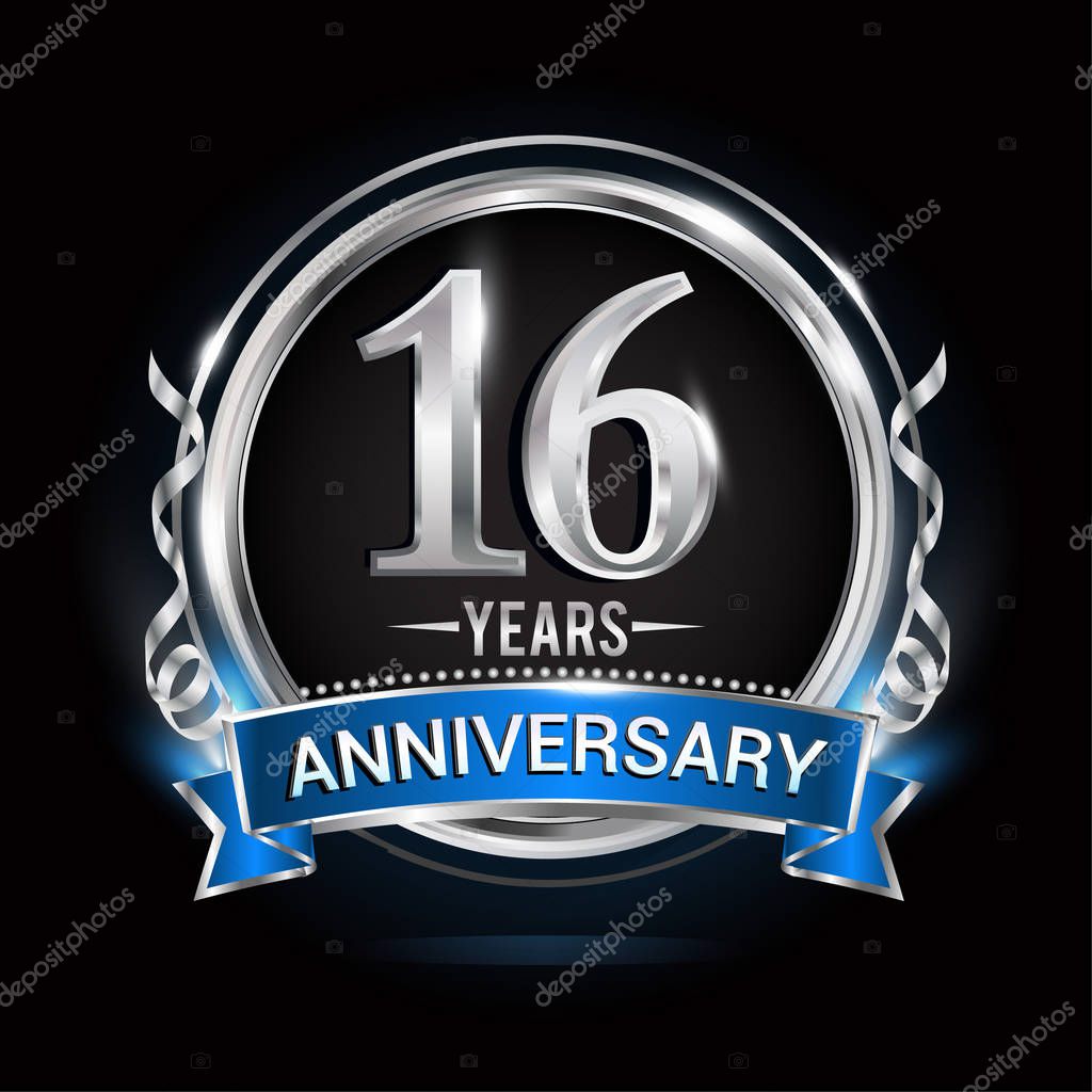 16 years anniversary logo with silver ring and blue ribbon, Vector illustration on black background