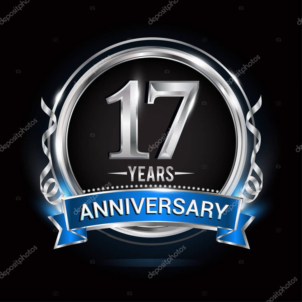 17 years anniversary logo with silver ring and blue ribbon, Vector illustration on black background