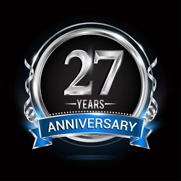 Anni Logo Anniversario Con Anello Argento Nastro Blu Illustrazione Vettoriale — Vettoriale Stock