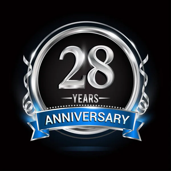Let Výročí Logo Stříbrný Prsten Modrá Stuha Vektorové Ilustrace Černém — Stockový vektor