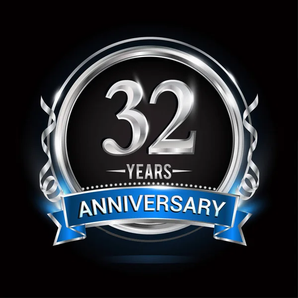 Річний Логотип Срібним Кільцем Синьою Стрічкою Векторні Ілюстрації Чорному Тлі — стоковий вектор
