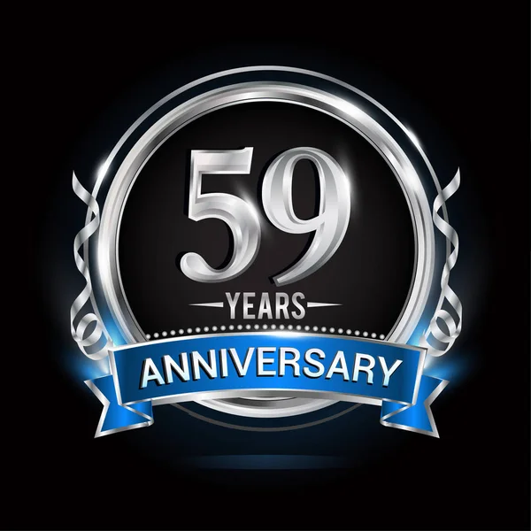 Logotipo Aniversário Anos Com Anel Prata Fita Azul Ilustração Vetorial — Vetor de Stock