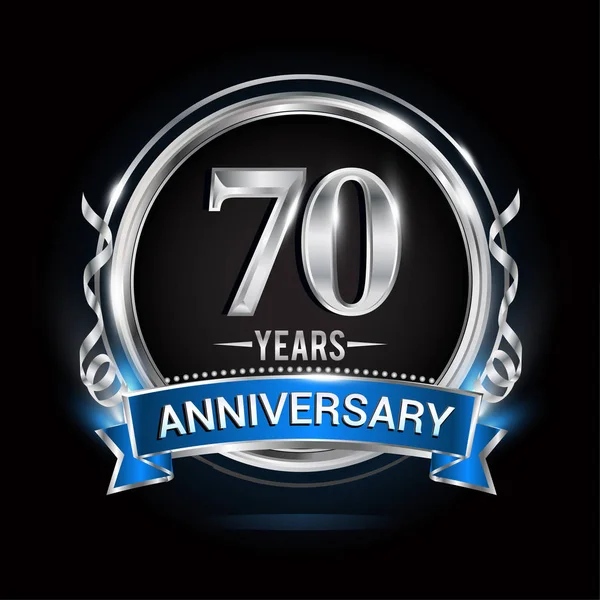 Logotipo Aniversario Años Con Anillo Plata Cinta Azul Ilustración Vectorial — Archivo Imágenes Vectoriales