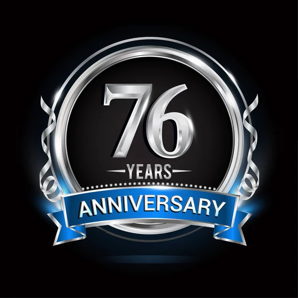 Logo Aniversario Años Con Anillo Plata Cinta Azul Ilustración Vectorial — Archivo Imágenes Vectoriales