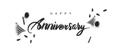 Mutlu yıldönümü yazı metin afiş tatil Balonlar, mumlar ve koniler, siyah renk ile. Beyaz arka plan üzerinde izole vektör çizim