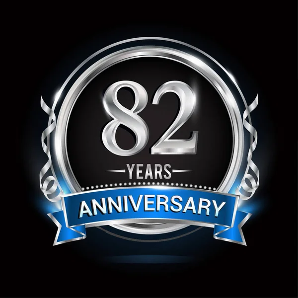 Años Logotipo Aniversario Con Anillo Plata Cinta Azul Vector Ilustración — Archivo Imágenes Vectoriales