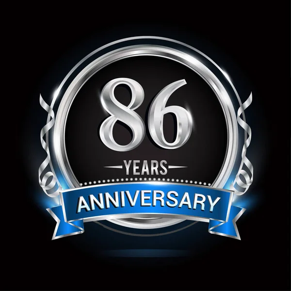 Logo Años Aniversario Con Anillo Plata Cinta Azul Ilustración Vectorial — Archivo Imágenes Vectoriales