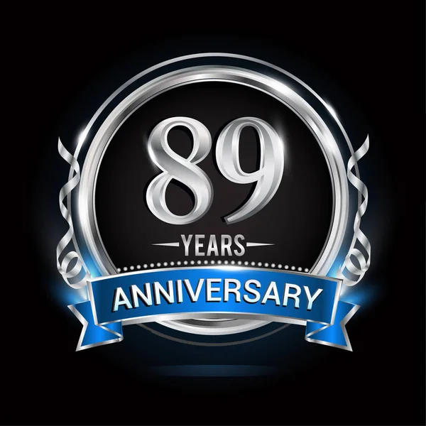 Años Logotipo Aniversario Con Anillo Plata Cinta Azul Vector Ilustración — Archivo Imágenes Vectoriales