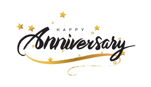 Buon Anniversario Lettering Banner Testo Nero Con Stelle Dorate Nastro — Vettoriale Stock