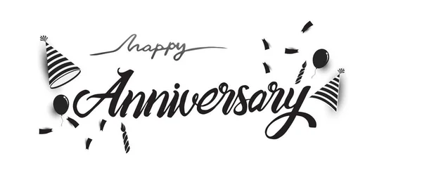 Banner Texto Letras Happy Anniversary Con Globos Navideños Velas Conos — Archivo Imágenes Vectoriales