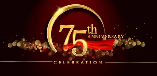 Logo Del Aniversario Con Anillo Dorado Confeti Cinta Roja Sobre — Archivo Imágenes Vectoriales