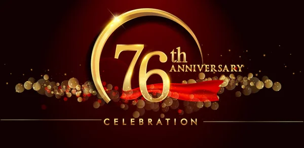 76Esimo Anniversario Logo Con Anello Oro Coriandoli Nastro Rosso Elegante — Vettoriale Stock