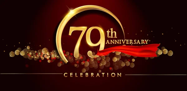 79Th Anniversary Logo Golden Ring Confetti Red Ribbon Elegant Black — Stock Vector