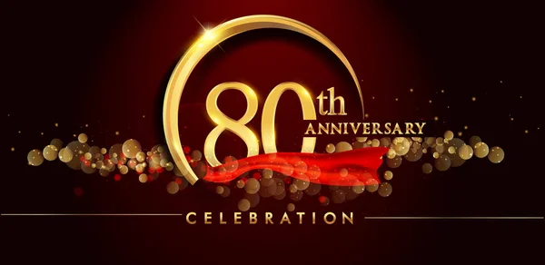 Logo Ottantesimo Anniversario Con Anello Oro Coriandoli Nastro Rosso Elegante — Vettoriale Stock