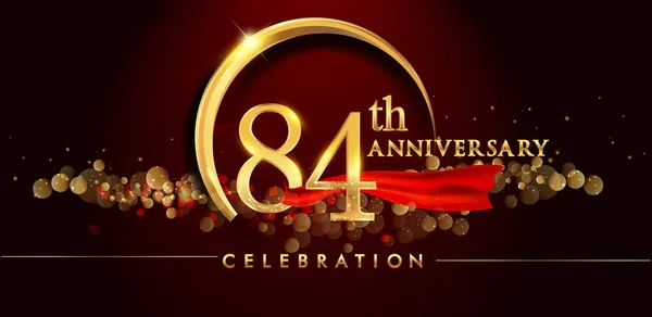 Logo Anniversario Con Anello Oro Coriandoli Nastro Rosso Elegante Sfondo — Vettoriale Stock