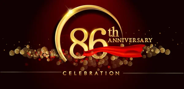 86Th Anniversary Logo Golden Ring Confetti Red Ribbon Elegant Black — Stock Vector