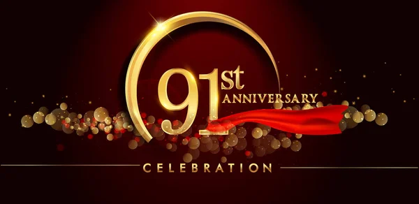Logo 91Esimo Anniversario Con Anello Oro Coriandoli Nastro Rosso Elegante — Vettoriale Stock