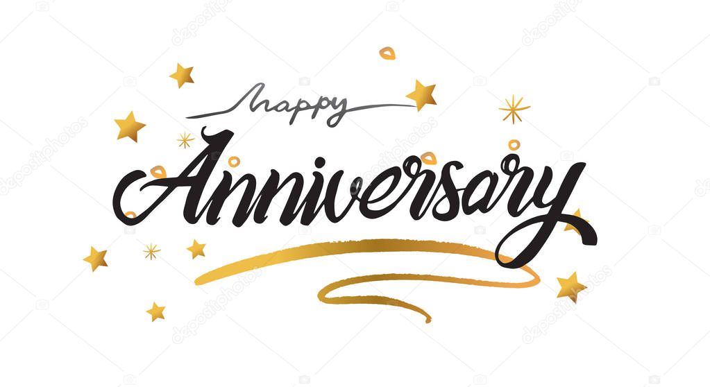 Happy Anniversary Lettering Black Text Banner Golden Stars Ribbon Vector — Stock Vector