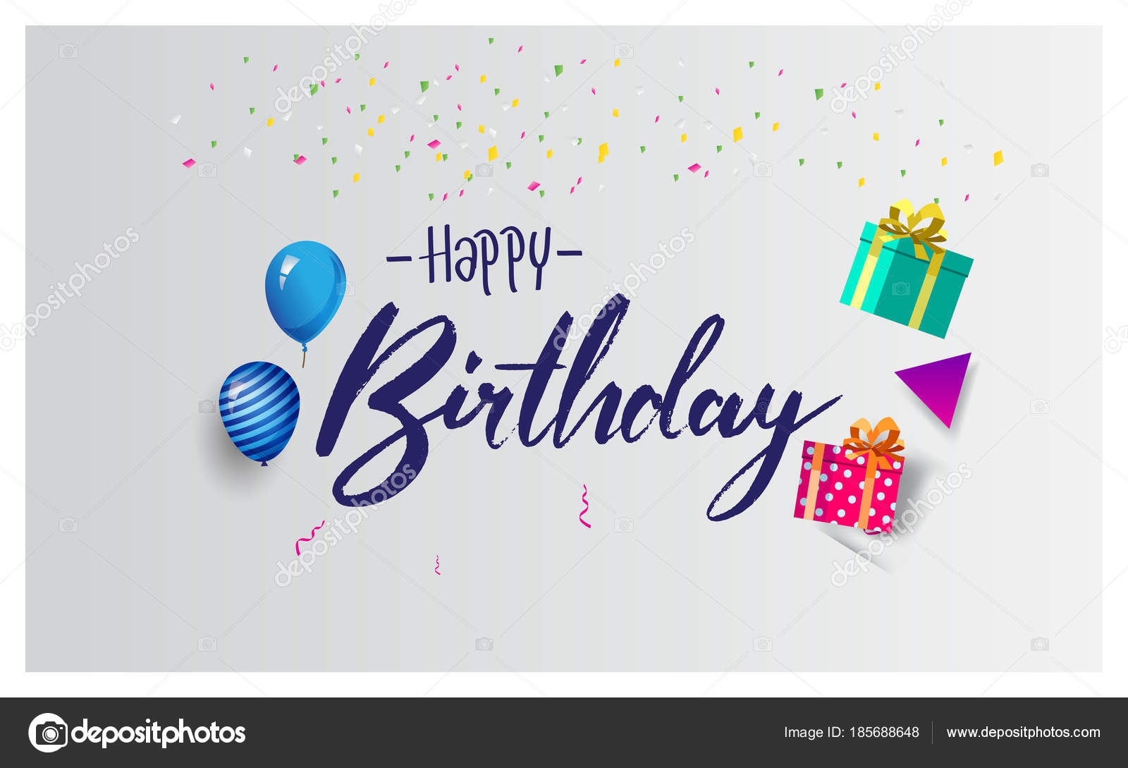 Disegno vettoriale a tipografia di buon pleanno per biglietti di auguri e poster Illustrazione vettoriale colorato con palloncini e scatole regalo