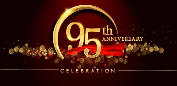 95E Verjaardagslogo Met Gouden Ring Confetti Rood Lint Elegante Zwarte — Stockvector