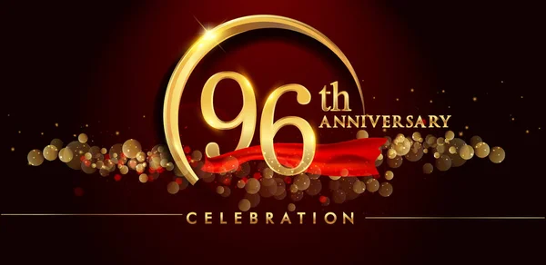 96E Verjaardagslogo Met Gouden Ring Confetti Rood Lint Elegante Zwarte — Stockvector
