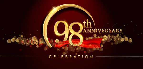 98E Verjaardagslogo Met Gouden Ring Confetti Rood Lint Elegante Zwarte — Stockvector