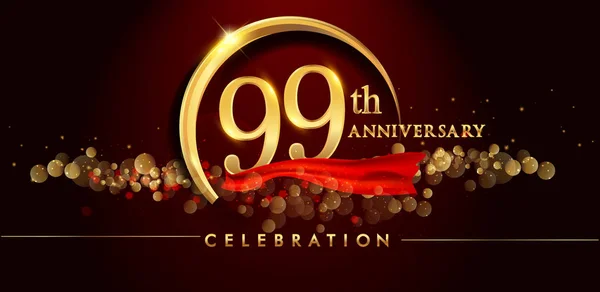 Logo 99Esimo Anniversario Con Anello Oro Coriandoli Nastro Rosso Elegante — Vettoriale Stock