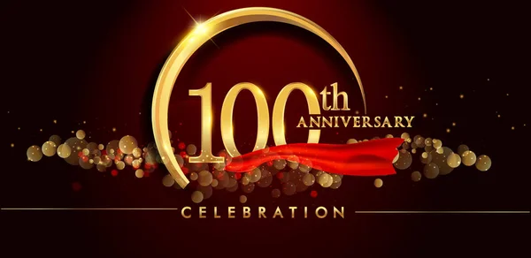 altın yüzük, konfeti ve zarif siyah zemin üzerine parıldıyor, vektör tasarımı tebrik kartı ve davetiye için kırmızı kurdele ile 100 yıldönümü logo.