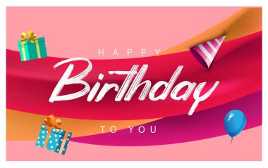 Mutlu doğum günü tipografi vektör tasarımı tebrik kartları ve afiş için. Balon ve hediye kutuları ile renkli vektör çizim