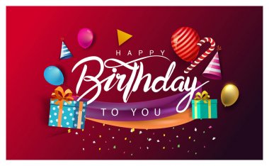 Mutlu doğum günü tipografi vektör tasarımı tebrik kartları ve afiş için. Balonlar ve hediye kutuları ile renkli vektör çizim