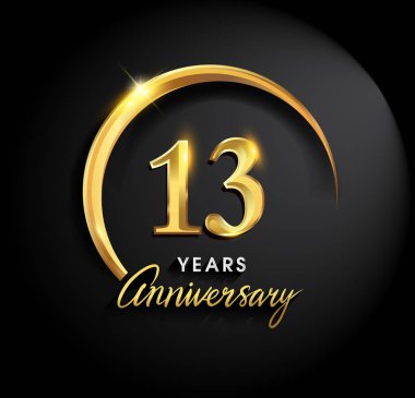 13 yıl yıldönümü kutlamaları. Yıldönümü logo halkalı ve elegance altın rengi siyah arka plan, kutlama, davetiye ve tebrik kartı için vektör tasarımı