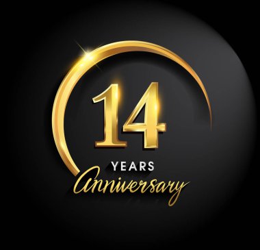 14 yıl yıldönümü kutlamaları. Yıldönümü logo halkalı ve elegance altın rengi siyah arka plan, kutlama, davetiye ve tebrik kartı için vektör tasarımı