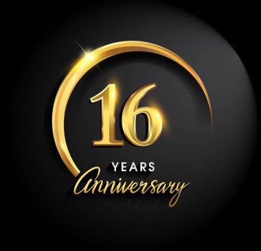 16 yıl yıldönümü kutlamaları. Yıldönümü logo halkalı ve elegance altın rengi siyah arka plan, kutlama, davetiye ve tebrik kartı için vektör tasarımı