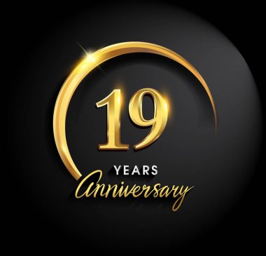 19 yıl yıldönümü kutlamaları. Yıldönümü logo halkalı ve elegance altın rengi siyah arka plan, kutlama, davetiye ve tebrik kartı için vektör tasarımı