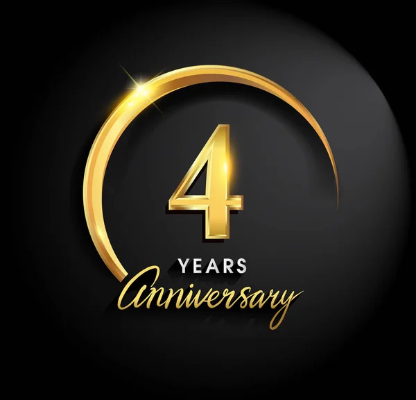 4 years anniversary celebration. Anniversary logo with ring and elegance golden color on black background, vector design for celebration, invitation card, and greeting card
