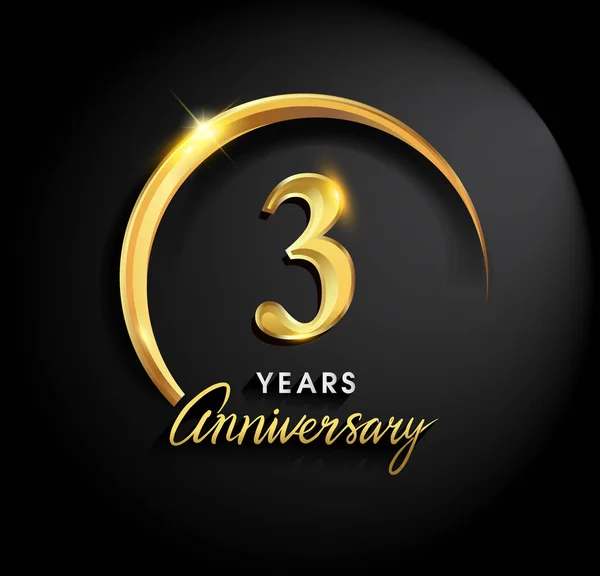 3 years anniversary celebration. Anniversary logo with ring and elegance golden color on black background, vector design for celebration, invitation card, and greeting card