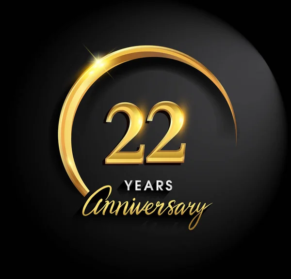 22 years anniversary celebration. Anniversary logo with ring and elegance golden color on black background, vector design for celebration, invitation card, and greeting card