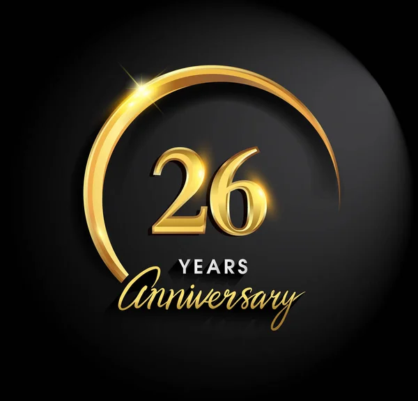 26 years anniversary celebration. Anniversary logo with ring and elegance golden color on black background, vector design for celebration, invitation card, and greeting card