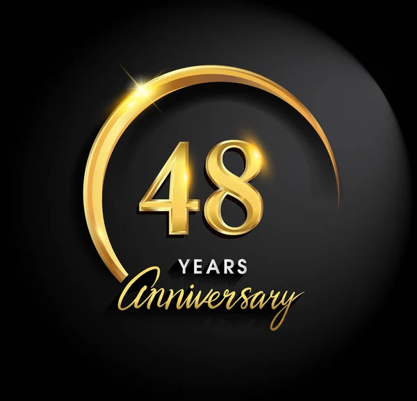 48 years anniversary celebration. Anniversary logo with ring and elegance golden color on black background, vector design for celebration, invitation card, and greeting card