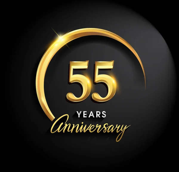 55 years anniversary celebration. Anniversary logo with ring and elegance golden color on black background, vector design for celebration, invitation card, and greeting card