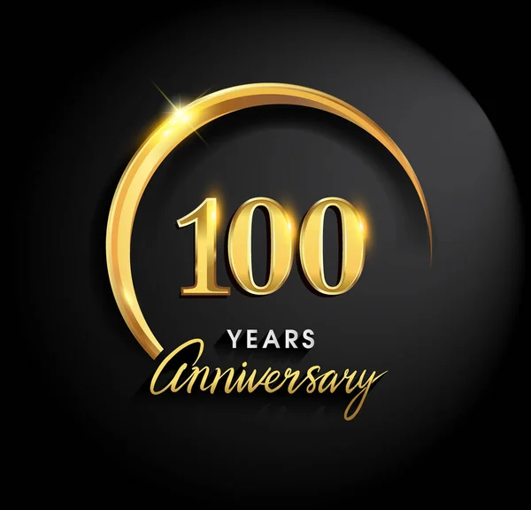 100年周年纪念庆祝活动 周年纪念标志与圆环和典雅金黄颜色在黑背景 媒介设计为庆祝 邀请卡片和问候卡片 — 图库矢量图片
