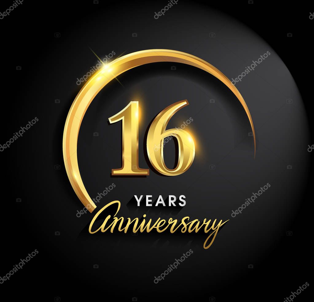 16 years anniversary celebration. Anniversary logo with ring and elegance golden color on black background, vector design for celebration, invitation card, and greeting card