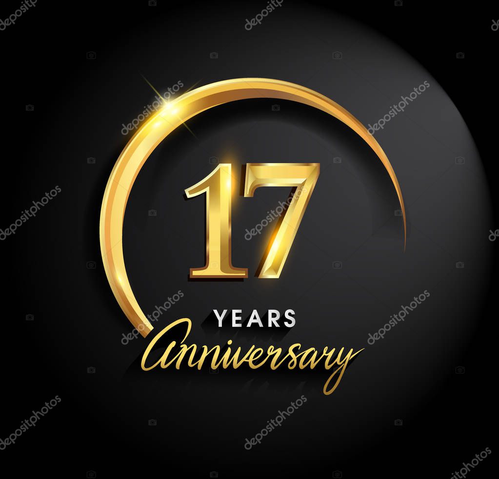 17 years anniversary celebration. Anniversary logo with ring and elegance golden color on black background, vector design for celebration, invitation card, and greeting card